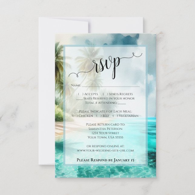 Tropical Beach Watercolor Coastal Waters Wedding RSVP Karte (Vorderseite)