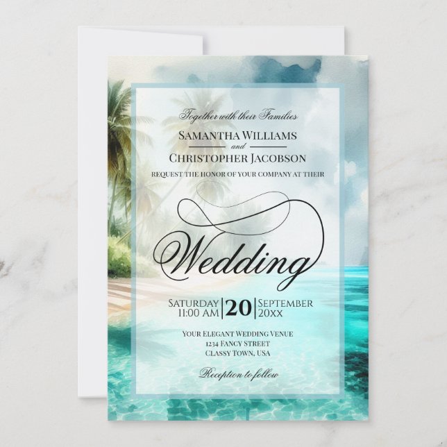 Tropical Beach Watercolor Fancy Script Wedding Einladung (Vorderseite)