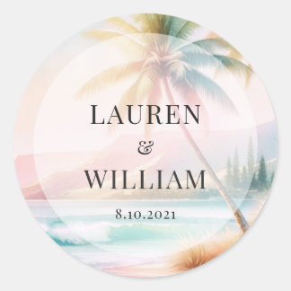 Tropical Beach Watercolor Palm Tree Wedding Runder Aufkleber