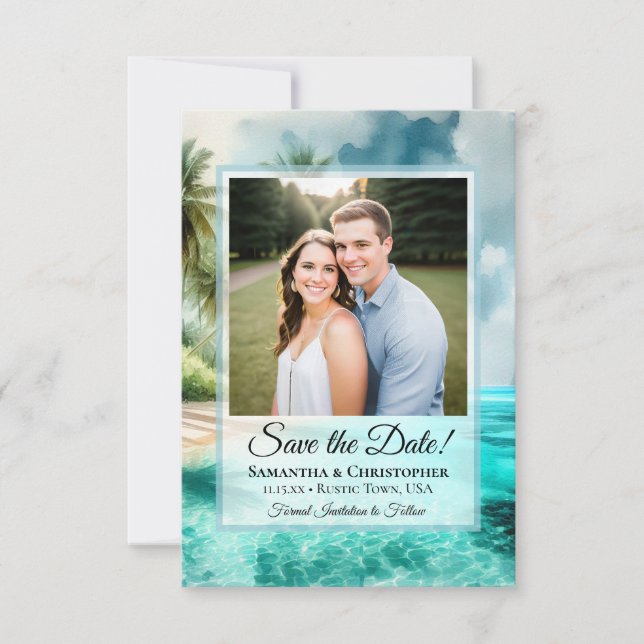 Tropical Beach Watercolor & Photo Wedding Save The Date (Vorderseite)