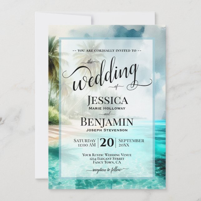 Tropical Beach Watercolor Stylish Script Wedding Einladung (Vorderseite)