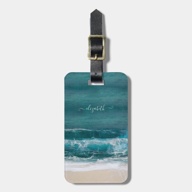 Tropical Beach Waves Sand Name Moderne Gepäckmarke Gepäckanhänger (Vorderseite vertikal)