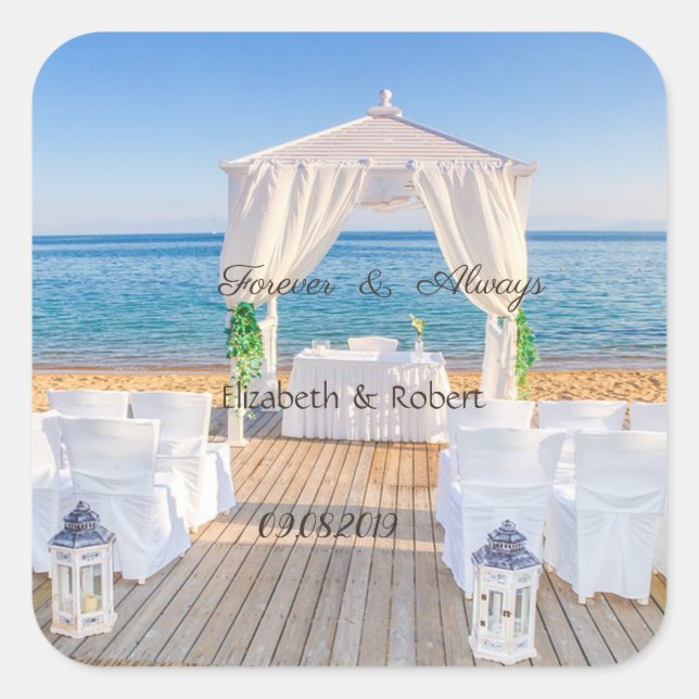 Tropical Beach Wedding Arbor Quadratischer Aufkleber (Vorderseite)