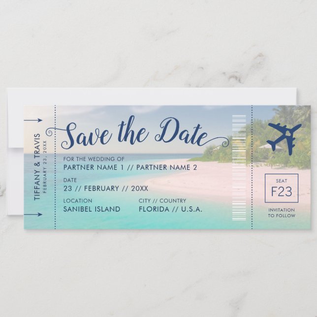 Tropical Beach Wedding Boarding Pass Save the Date Ankündigung (Vorderseite)