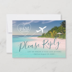 Tropical Beach Wedding Heart Airplane Ziel RSVP Karte
