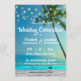 Tropical Beach Wedding Palms String Lights Modern Einladung