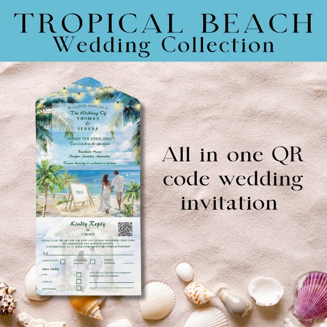Tropical Beach Wedding QR Code Aqua All In One Einladung (Von Creator hochgeladen)