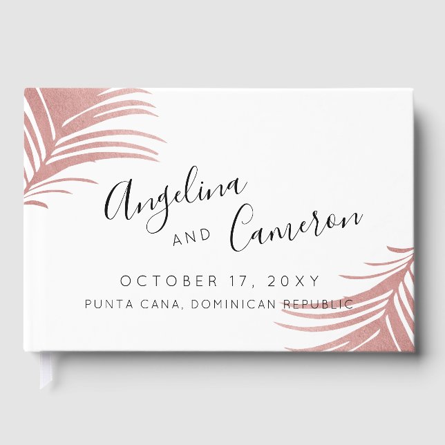 Tropical Beach Wedding Rose Gold Pink Palm Blätter Gästebuch (Vorderseite)