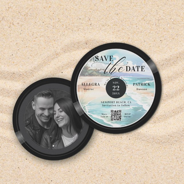 Tropical Beach Wedding Save the Date Music Liebe Q (tropical beach wedding save the date photo musician music lover vintage vinyl record QR code)