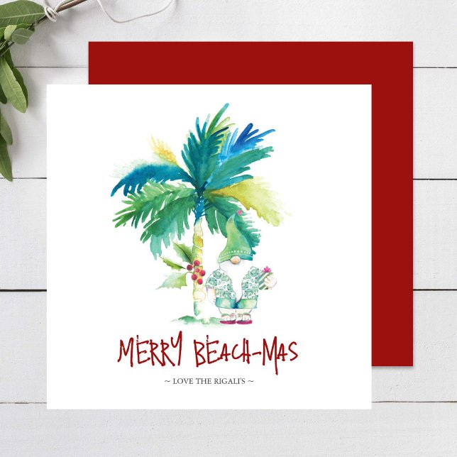 Tropical Beach Weihnachtskarten Mitteilungskarte (Tropical beach Christmas cards feature unique palm tree & elf watercolor art by Victoria Grigaliunas)