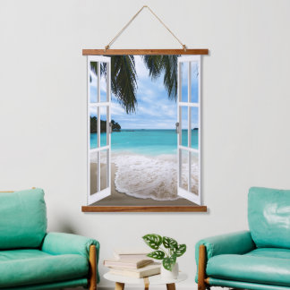 Tropical Beach Window Ocean View Wall Tapestes Wandteppich Mit Holzrahmen