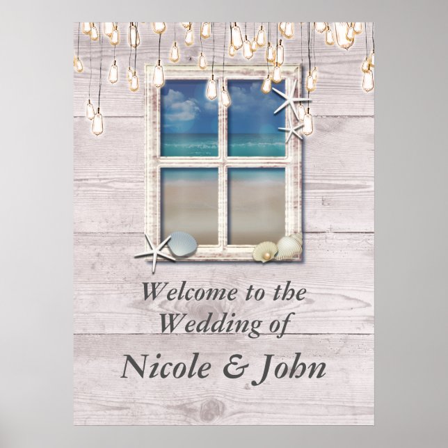 Tropical Beach Window White Wood Banner Poster (Vorne)