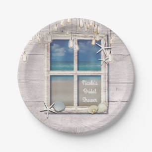 Tropical Beach Window White Wood Elegante Küste Pappteller