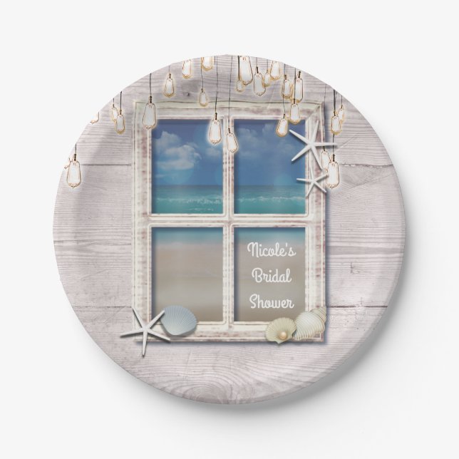 Tropical Beach Window White Wood Elegante Küste Pappteller (Vorderseite)