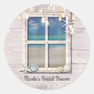 Tropical Beach Window White Wood Elegante Küste Runder Aufkleber