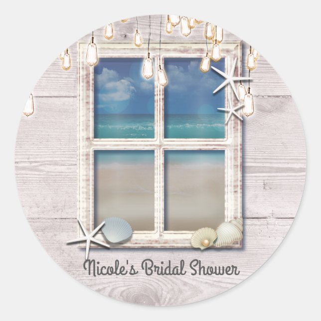 Tropical Beach Window White Wood Elegante Küste Runder Aufkleber (Vorderseite)