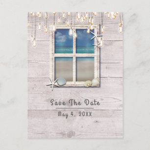 Tropical Beach Window White Wood Save the Date Ankündigungspostkarte
