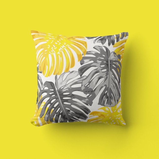 Tropical Beach Yellow Gray Modern Jungle Leaves Kissen (Von Creator hochgeladen)