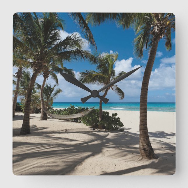 Tropical Beaches | Anguilla Beach, Palm Tree Quadratische Wanduhr (Vorderseite)