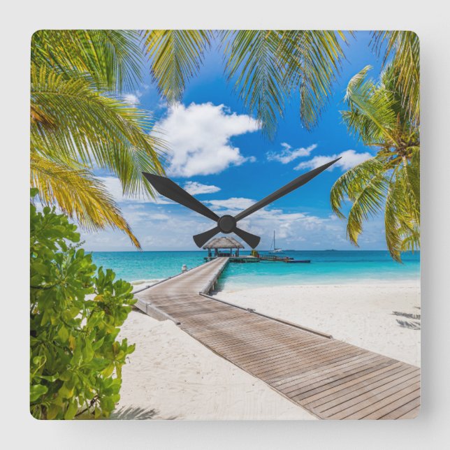 Tropical Beaches | Maldives Island Wooden Jetty Quadratische Wanduhr (Vorderseite)