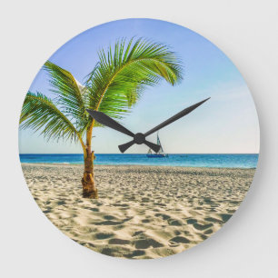 Tropical Beaches   Sailboat, Palm Tree, Aruba Große Wanduhr