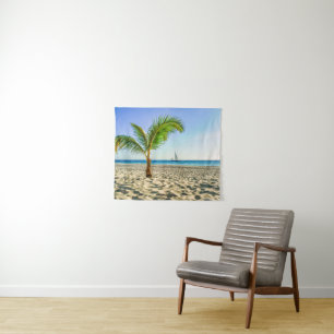 Tropical Beaches Sailboat, Palm Tree, Aruba Wandteppich