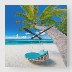Tropical Beaches   Tropical Landscape Beach Swing Quadratische Wanduhr