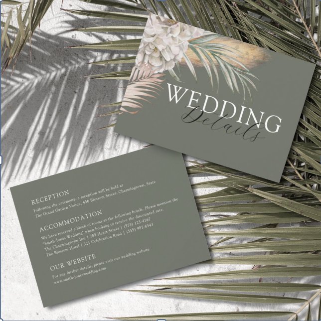 Tropical Beige Floral & Palm Wedding Details Begleitkarte (Von Creator hochgeladen)