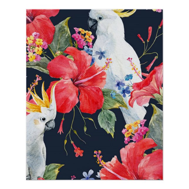 Tropical Bird Watercolor Roter Hibiskus Blume Poster (Vorderseite)