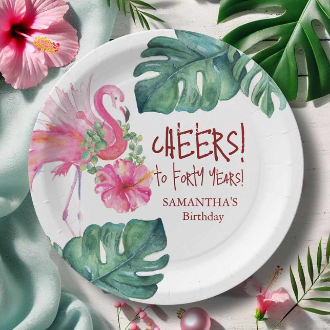 Tropical Birthday Pink Flamingo Pappteller (40th birthday party theme personalized paper plates watercolor art Victoria Grigaliunas)