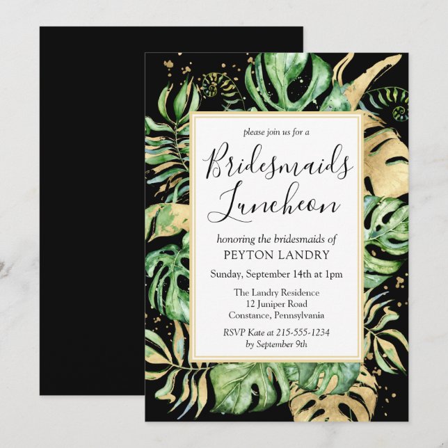 Tropical Black & Gold Bridesmaids Luncheon Einladung (Vorne/Hinten)