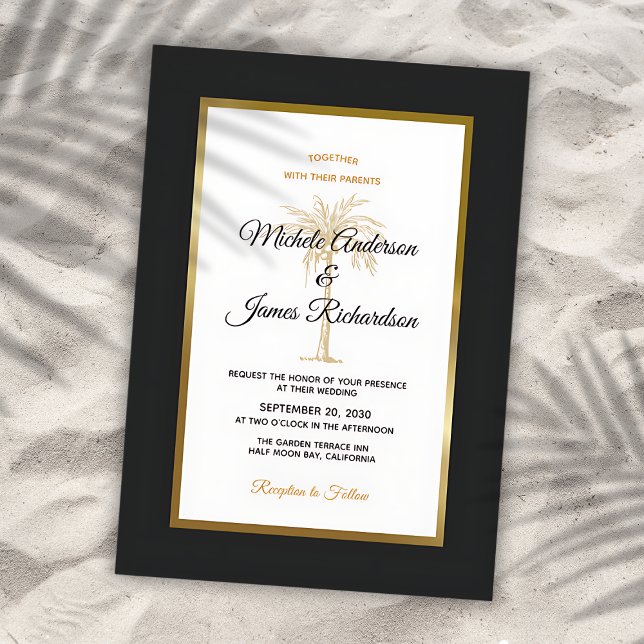 Tropical Black Gold Palm Tree Moderne Hochzeit Einladung (Tropical Black Gold Palm Tree Modern Wedding Invitation)