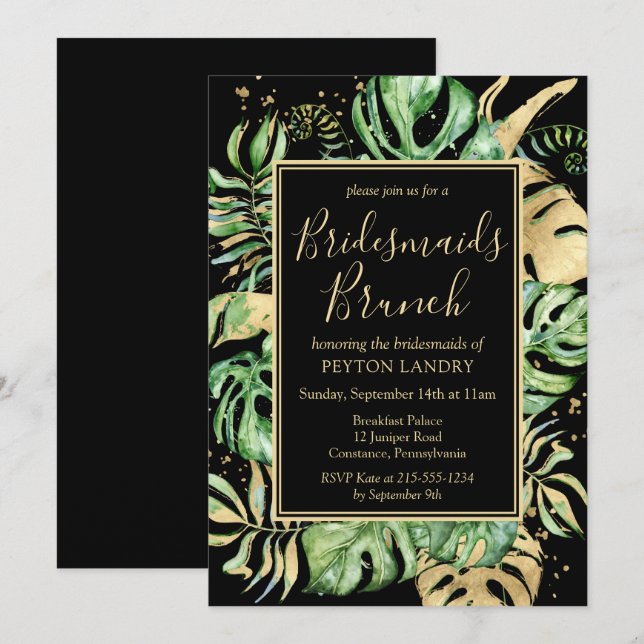 Tropical Black & Green Bridesmaids Brunch Invitati Einladung (Vorne/Hinten)