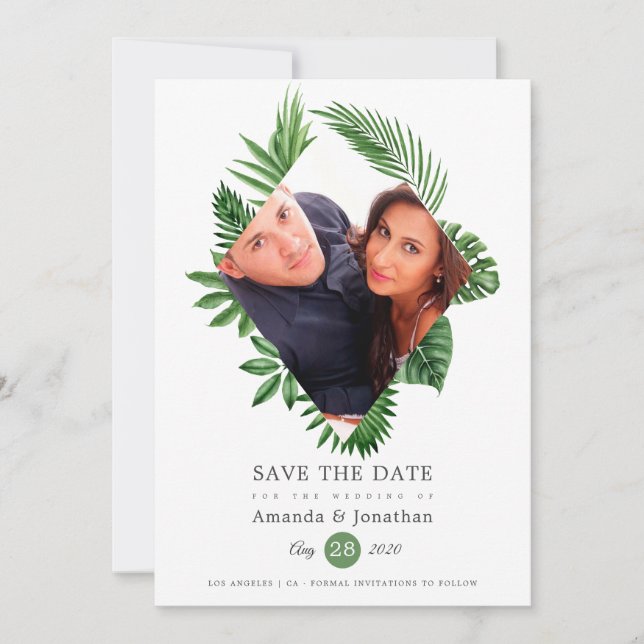Tropical Blätter Beach Foto Hochzeit Save The Date (Vorderseite)