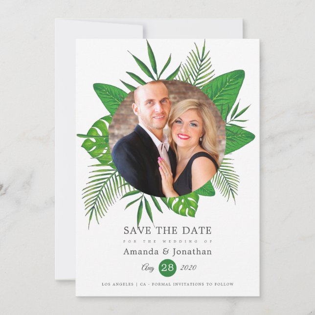 Tropical Blätter Beach Foto Hochzeit Save The Date (Vorderseite)