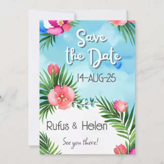 Tropical Blooms Summer Beach Wedding Save the Date Einladung