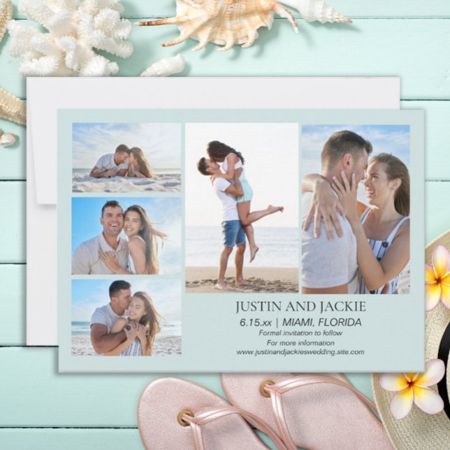 Tropical Blue 5 Foto Wedding Rett Date Save The Date (Tropical beach blue wedding photo Save the Date card)