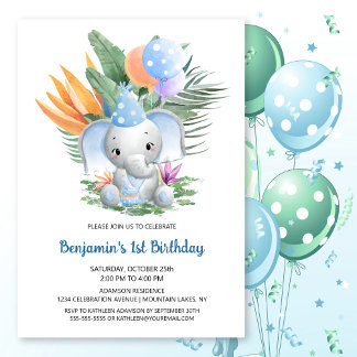 Tropical Blue Baby Elephant 1. Geburtstag Party Einladung