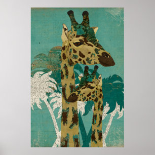 Tropical Blue Boho Giraffen Retro Art Poster