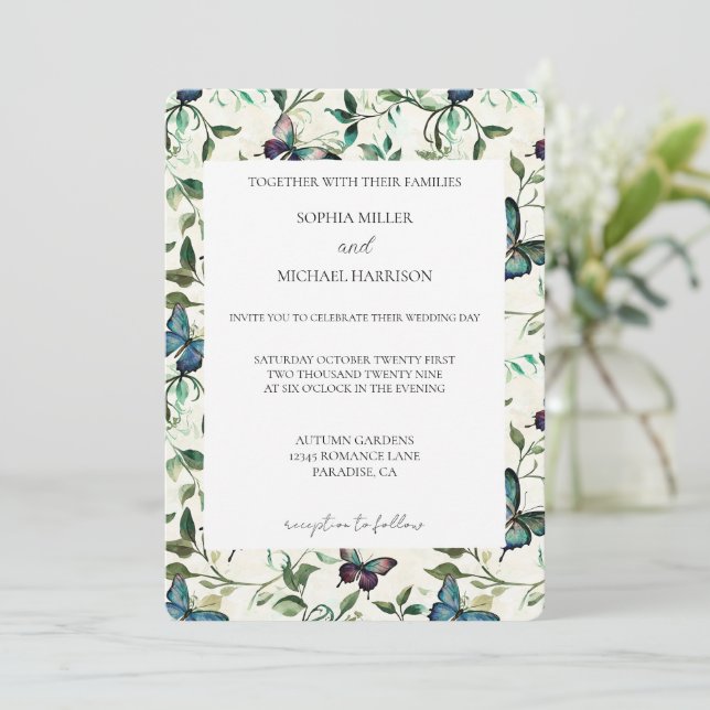 Tropical Blue Butterflies Wedding Einladung (Stehend Vorderseite)