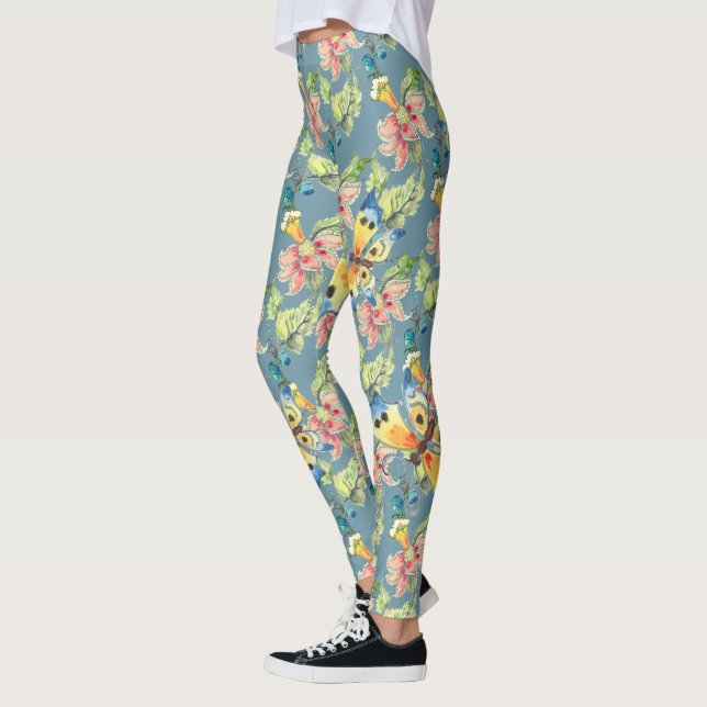 Tropical Blue Butterfly Exotic Blume Muster Leggings (Links)