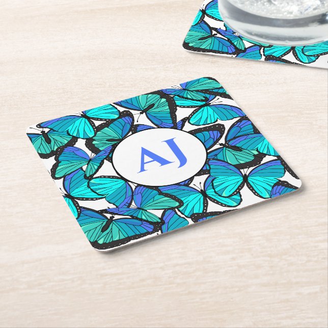 Tropical Blue Butterfly Print Mit Monogramm Rechteckiger Pappuntersetzer (angewinkelt)
