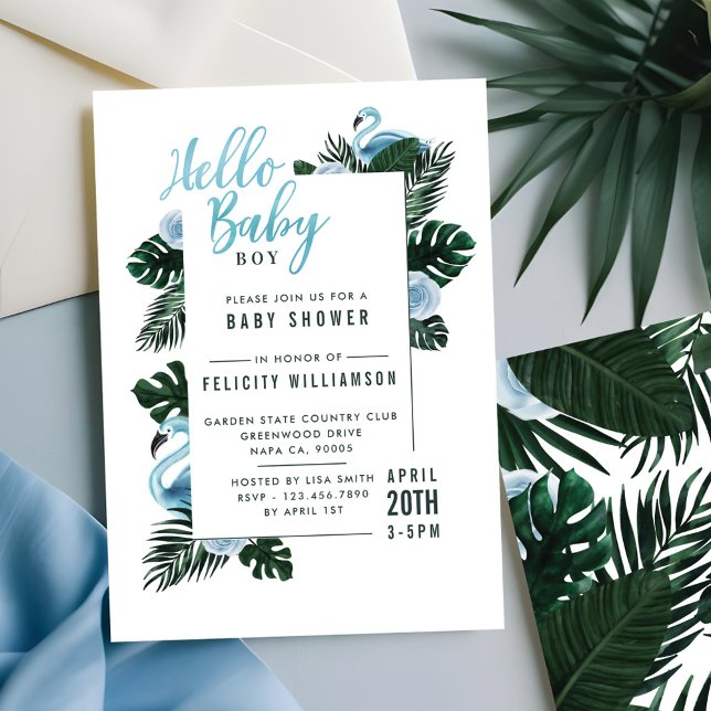 Tropical Blue Flamingo Rose Baby Dusche Einladung (Tropical Blue Flamingo Rose Baby Shower Invitation)