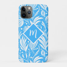 Tropical Blue Floral Pattern Diamond Monogram