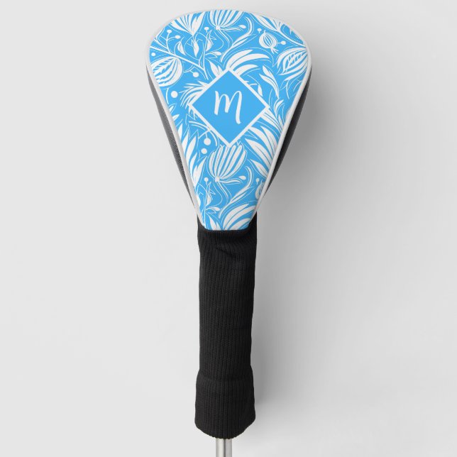 Tropical Blue Floral Pattern Diamond Monogram Golf Headcover (Vorderseite)