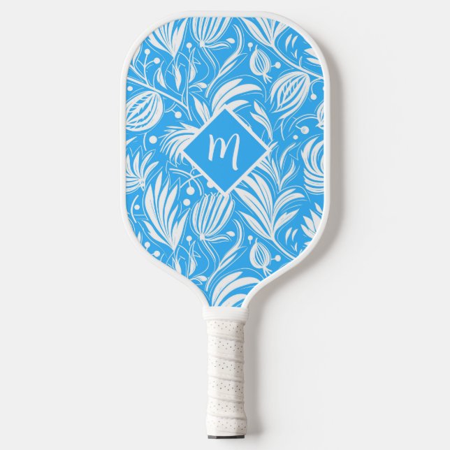 Tropical Blue Floral Pattern Diamond Monogram Pickleball Schläger (Vorderseite)