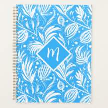 Tropical Blue Floral Pattern Diamond Monogram