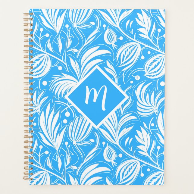 Tropical Blue Floral Pattern Diamond Monogram Planer (Vorderseite)