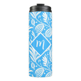 Tropical Blue Floral Pattern Diamond Monogram Thermosbecher