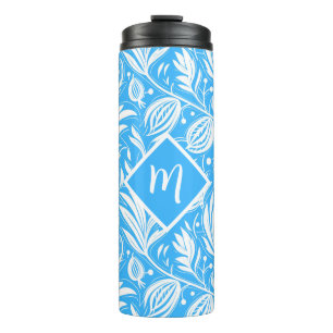 Tropical Blue Floral Pattern Diamond Monogram Thermosbecher
